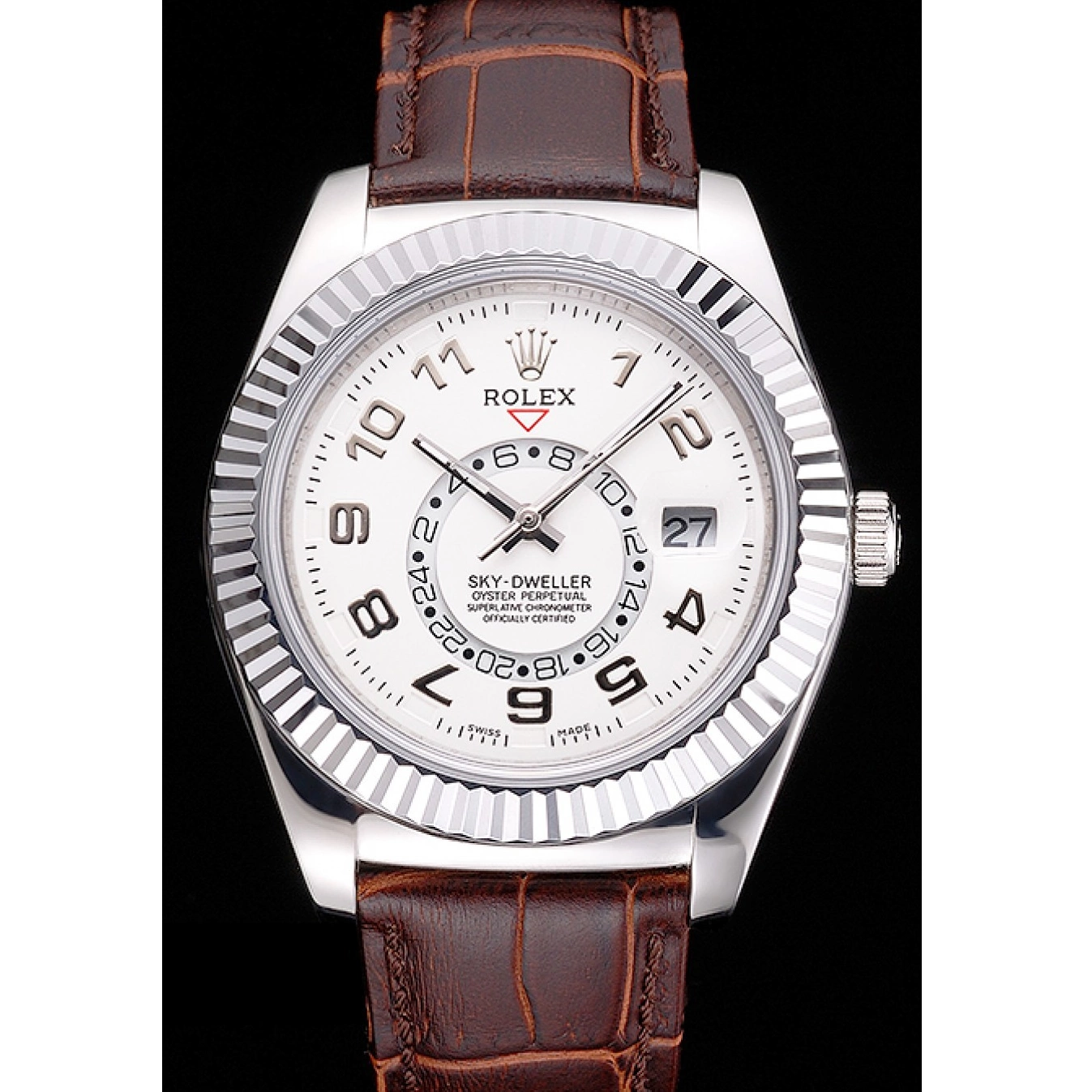 Good copy rolex watches Stainless Case Dweller Sky Rolex White Steel Dial Strap Brown Leather 0715
